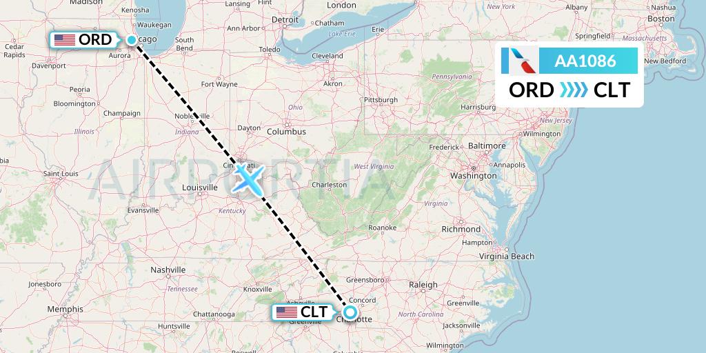 AA1086 American Airlines Flight Map: Chicago to Charlotte
