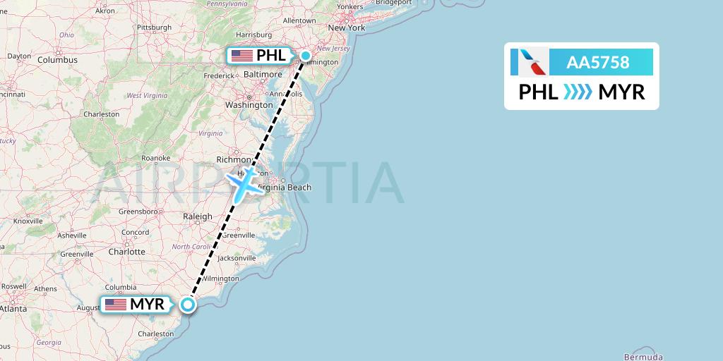 AA5758 American Airlines Flight Map: Philadelphia to Myrtle Beach
