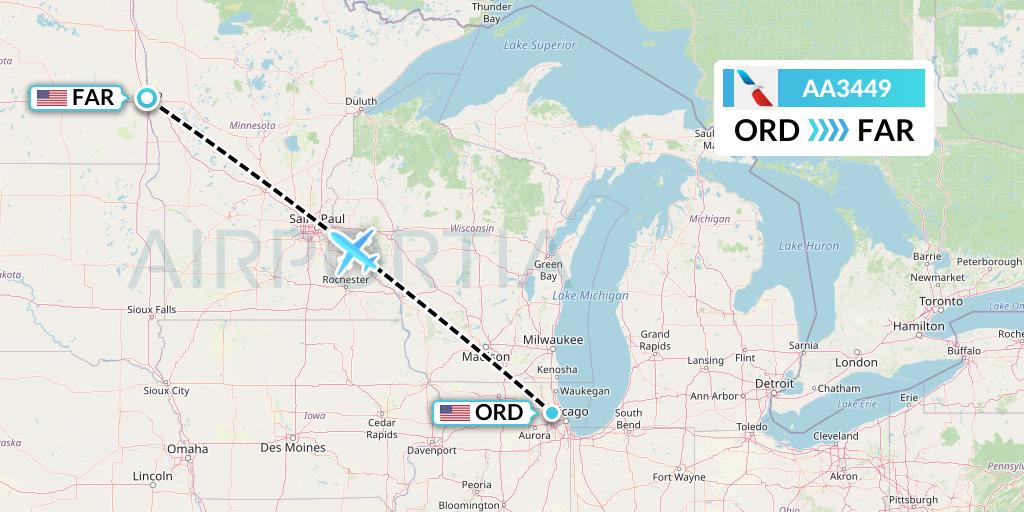 AA3449 American Airlines Flight Map: Chicago to Fargo