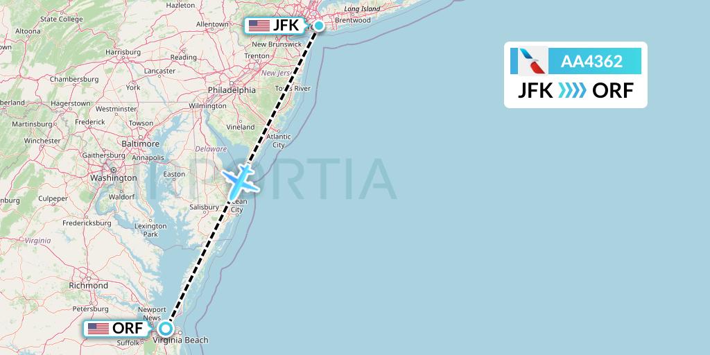 AA4362 American Airlines Flight Map: New York to Norfolk