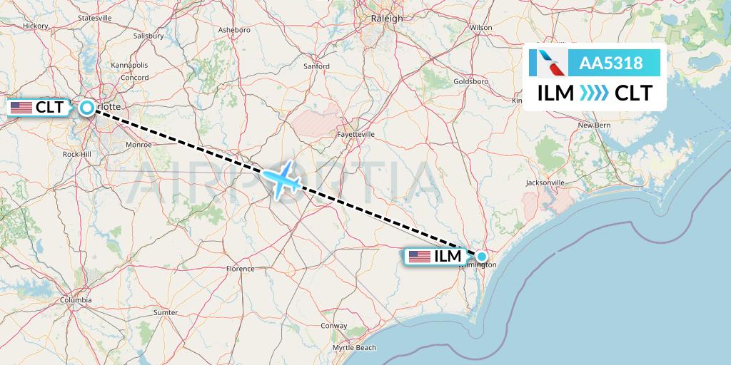 AA5318 American Airlines Flight Map: Wilmington to Charlotte