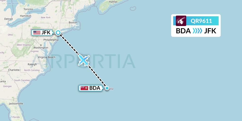 QR9611 Qatar Airways Flight Map: Bermuda to New York