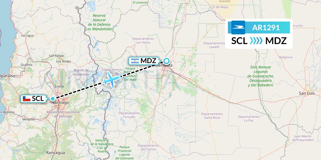 AR1291 Aerolineas Argentinas Flight Map: Santiago to Mendoza