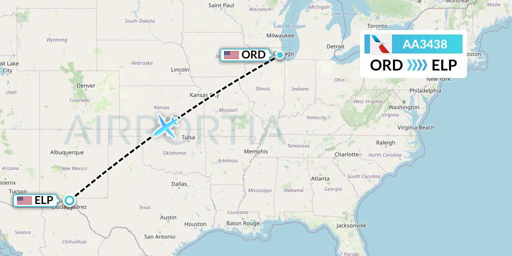 AA3438 American Airlines Flight Map: Chicago to El Paso