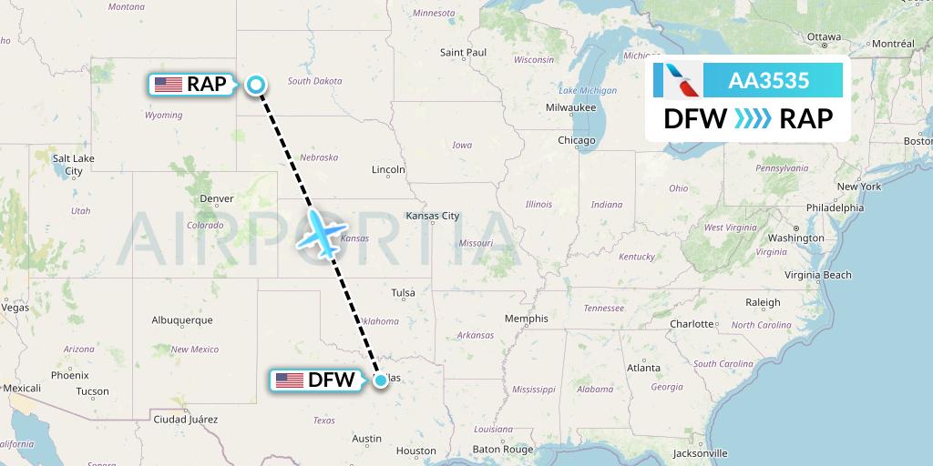 AA3535 American Airlines Flight Map: Dallas to Rapid City
