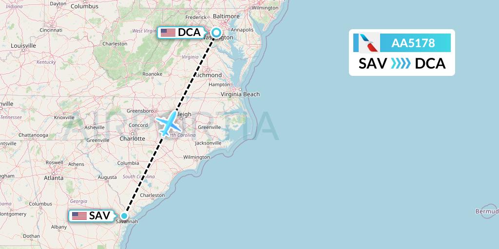 AA5178 American Airlines Flight Map: Savannah to Washington