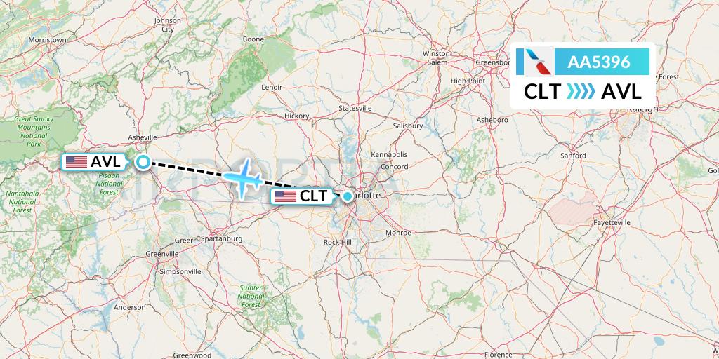 AA5396 American Airlines Flight Map: Charlotte to Asheville