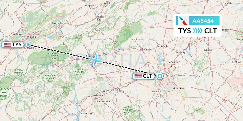 AA5454 American Airlines Flight Map: Knoxville to Charlotte