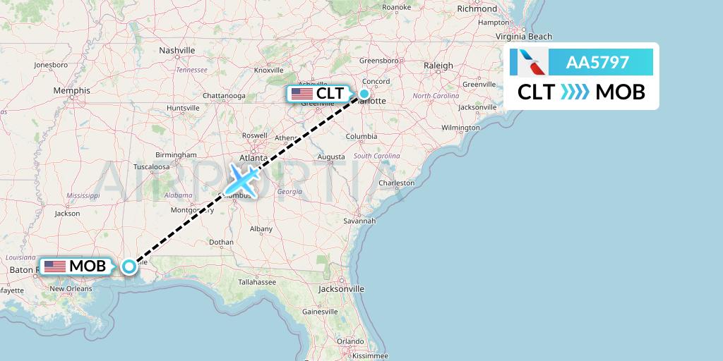 AA5797 American Airlines Flight Map: Charlotte to Mobile