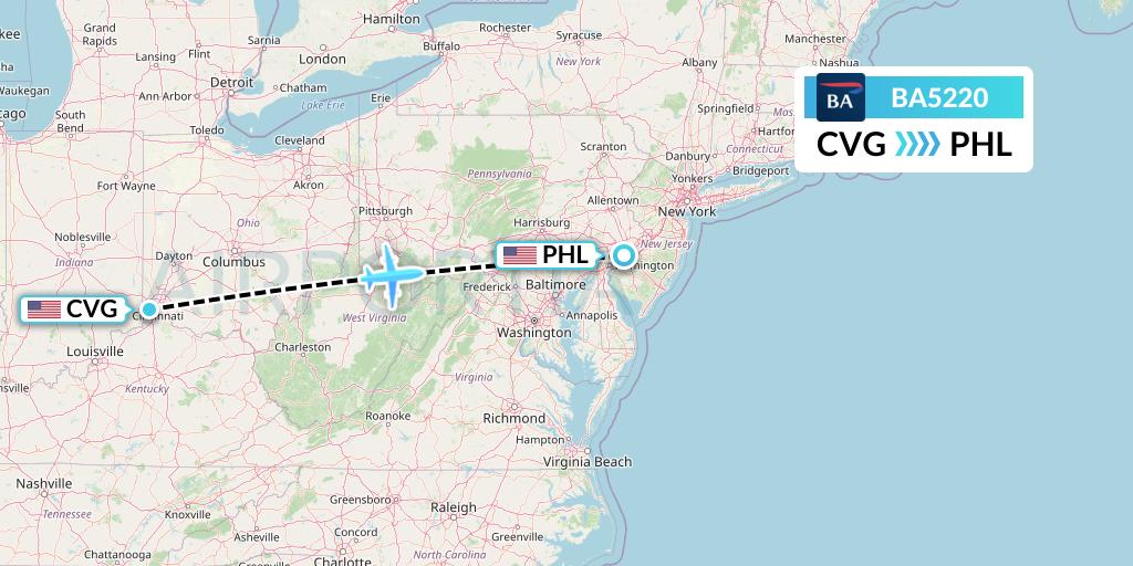 BA5220 British Airways Flight Map: Cincinnati to Philadelphia