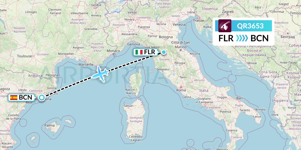 QR3653 Qatar Airways Flight Map: Florence to Barcelona