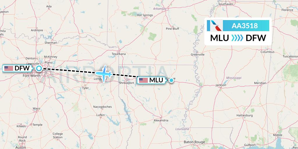 AA3518 American Airlines Flight Map: Monroe to Dallas