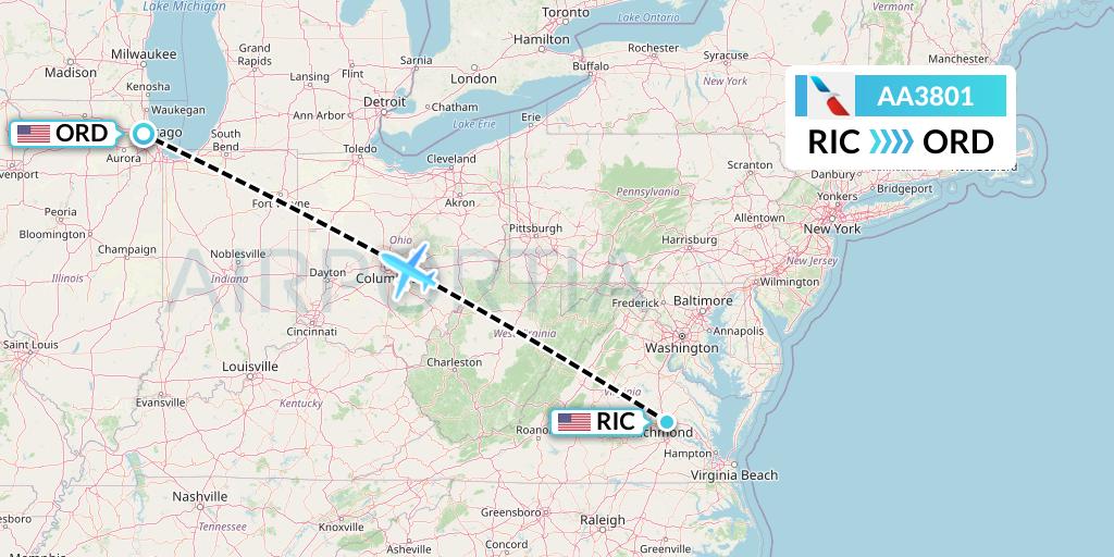 AA3801 American Airlines Flight Map: Richmond to Chicago