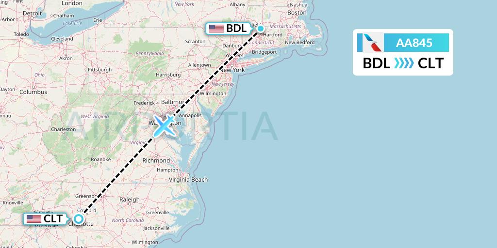AA845 American Airlines Flight Map: Windsor Locks to Charlotte