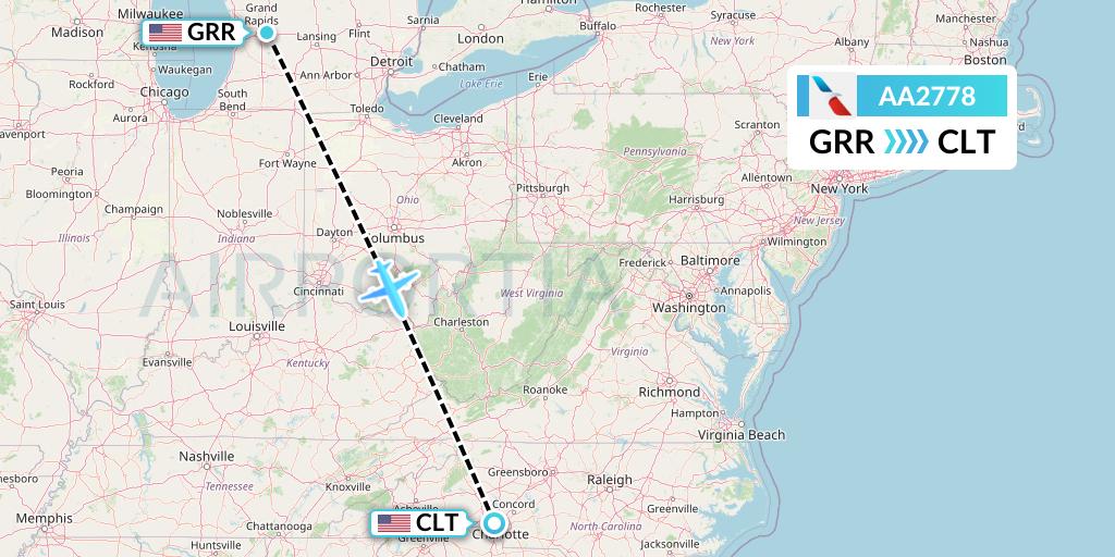 AA2778 American Airlines Flight Map: Grand Rapids to Charlotte