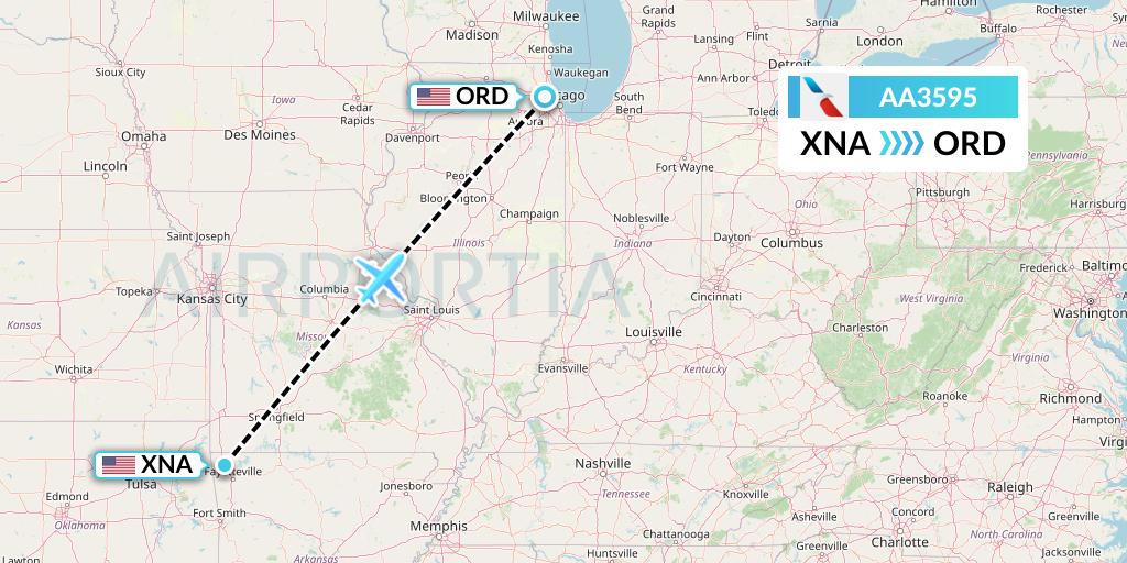 AA3595 American Airlines Flight Map: Bentonville to Chicago