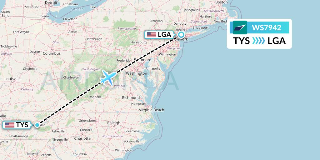 WS7942 WestJet Flight Map: Knoxville to New York