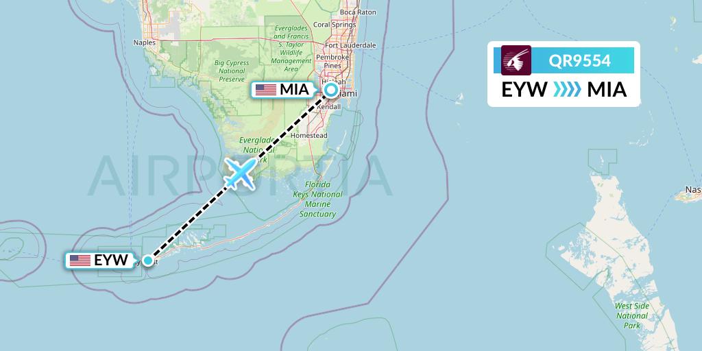QR9554 Qatar Airways Flight Map: Key West to Miami