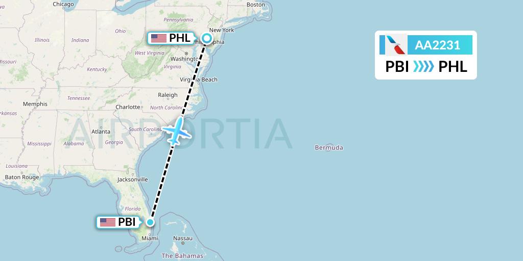 AA2231 American Airlines Flight Map: West Palm Beach to Philadelphia