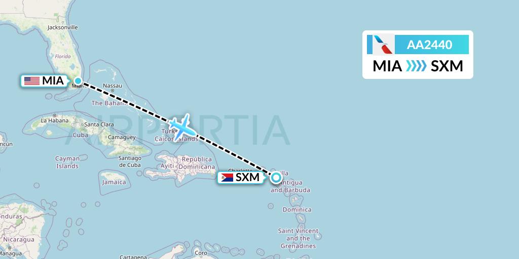AA2440 American Airlines Flight Map: Miami to Sint Maarten