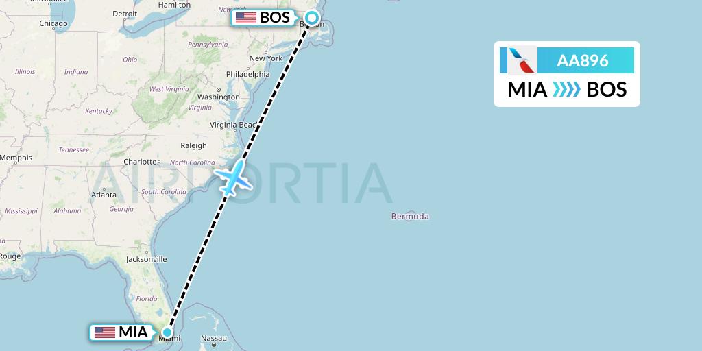 AA896 American Airlines Flight Map: Miami to Boston