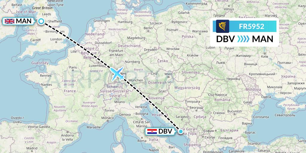 FR5952 Ryanair Flight Map: Dubrovnik to Manchester