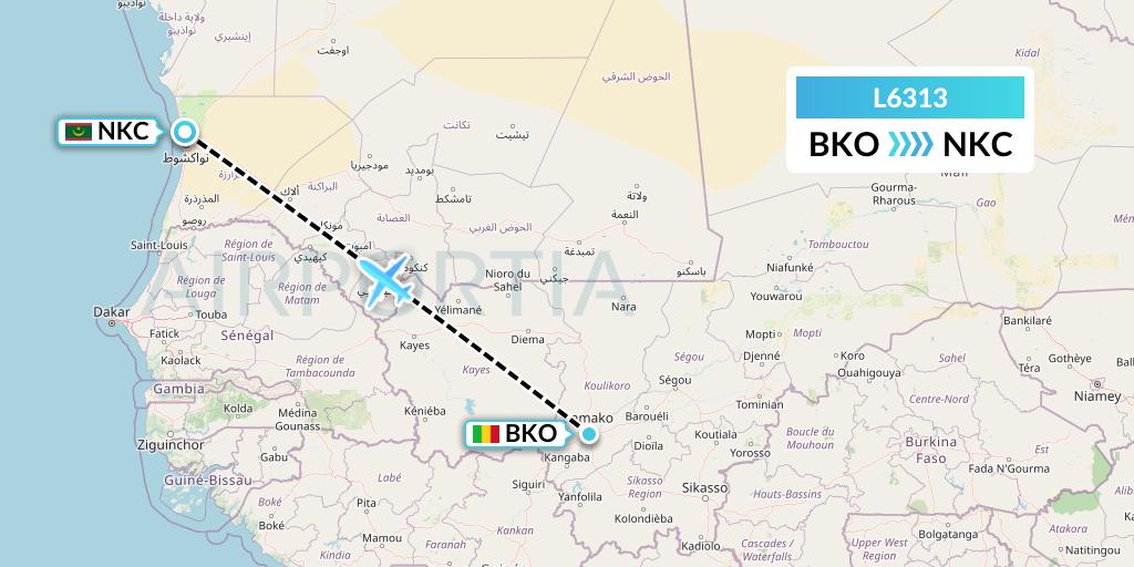 L6313 Mauritania Airlines International Flight Map: Bamako to Nouakchott