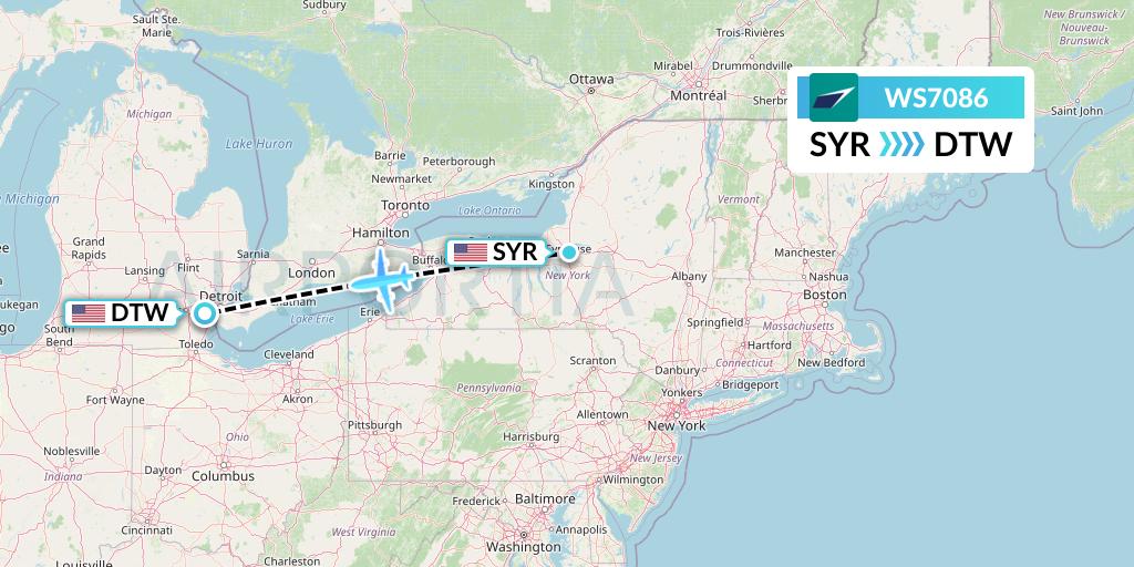WS7086 WestJet Flight Map: Syracuse to Detroit
