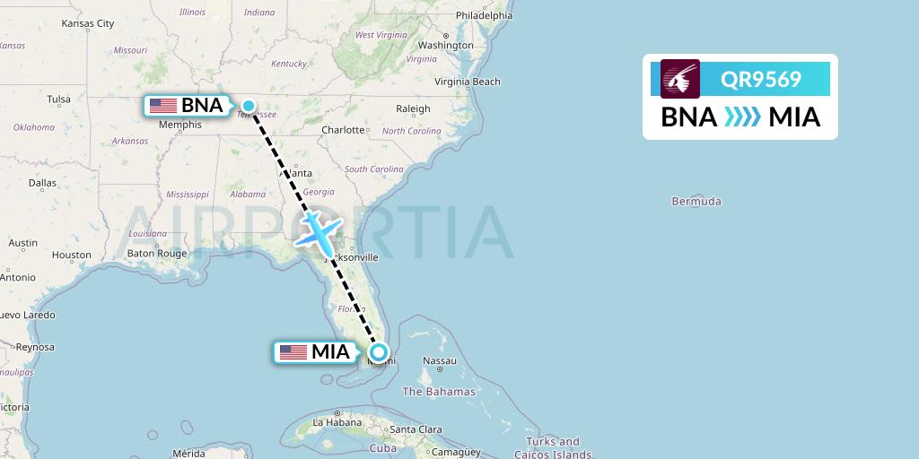 QR9569 Qatar Airways Flight Map: Nashville to Miami