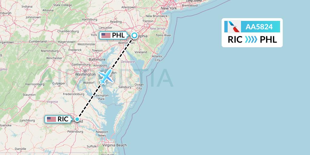 AA5824 American Airlines Flight Map: Richmond to Philadelphia