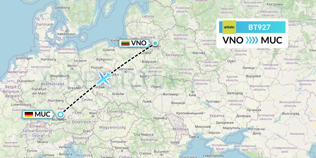 BT927 Air Baltic Flight Map: Vilnius to Munich