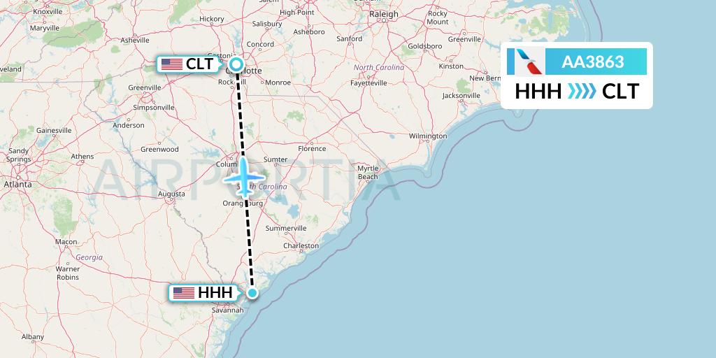 AA3863 American Airlines Flight Map: Hilton Head Island to Charlotte