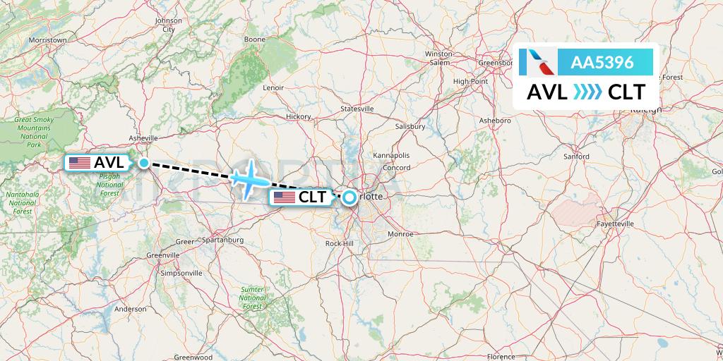 AA5396 American Airlines Flight Map: Asheville to Charlotte