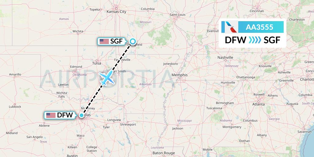 AA3555 American Airlines Flight Map: Dallas to Springfield