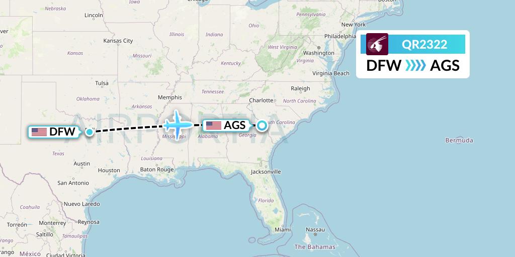 QR2322 Qatar Airways Flight Map: Dallas to Augusta