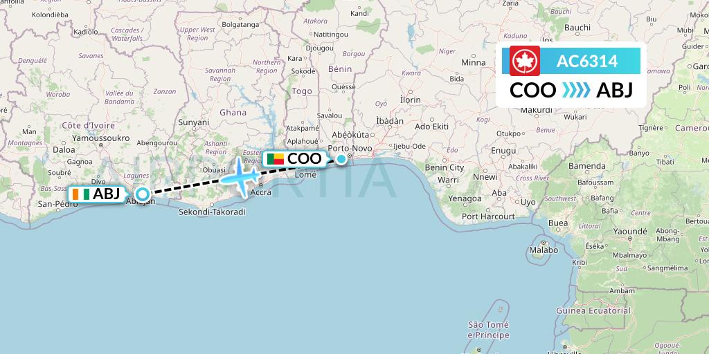 AC6314 Air Canada Flight Map: Cotonou to Abidjan