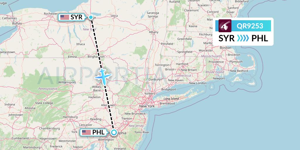QR9253 Qatar Airways Flight Map: Syracuse to Philadelphia