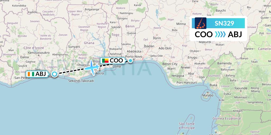 SN329 Brussels Airlines Flight Map: Cotonou to Abidjan