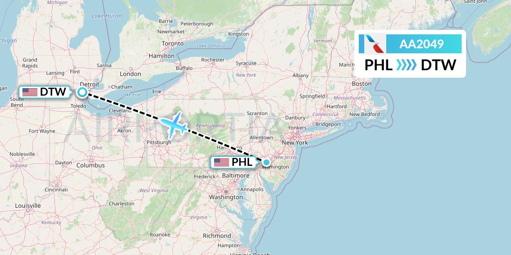 AA2049 American Airlines Flight Map: Philadelphia to Detroit