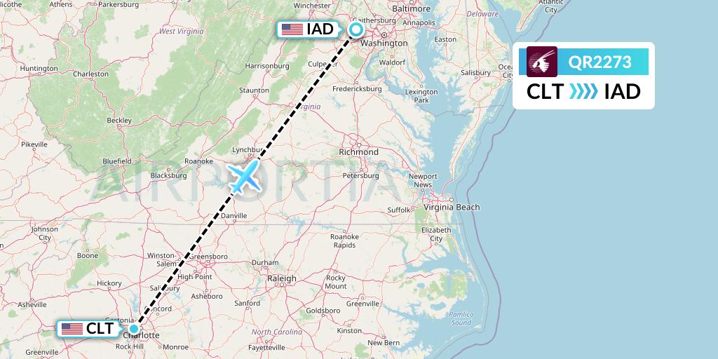 QR2273 Qatar Airways Flight Map: Charlotte to Washington