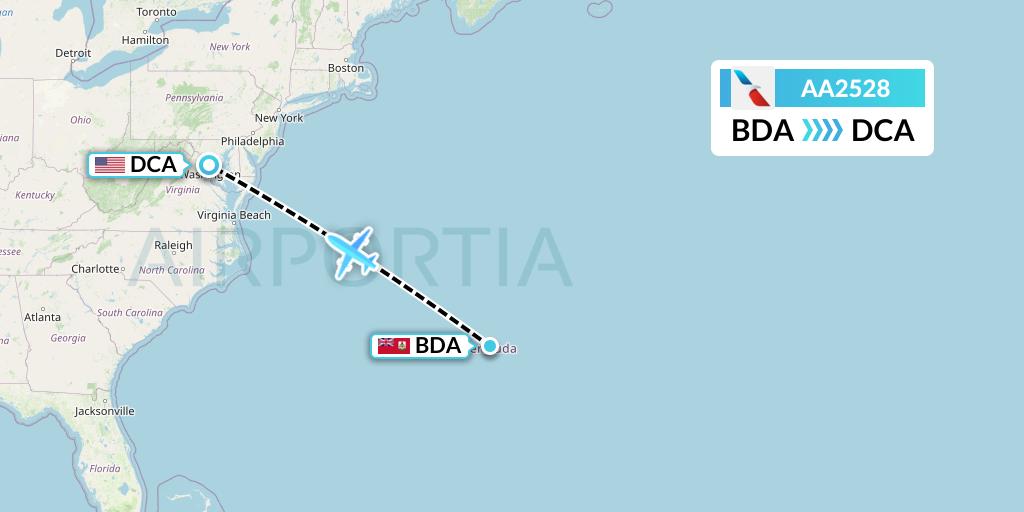 AA2528 American Airlines Flight Map: Bermuda to Washington