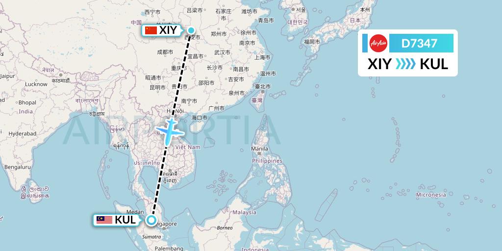 D7347 AirAsia X Flight Map: Xi'an to Kuala Lumpur