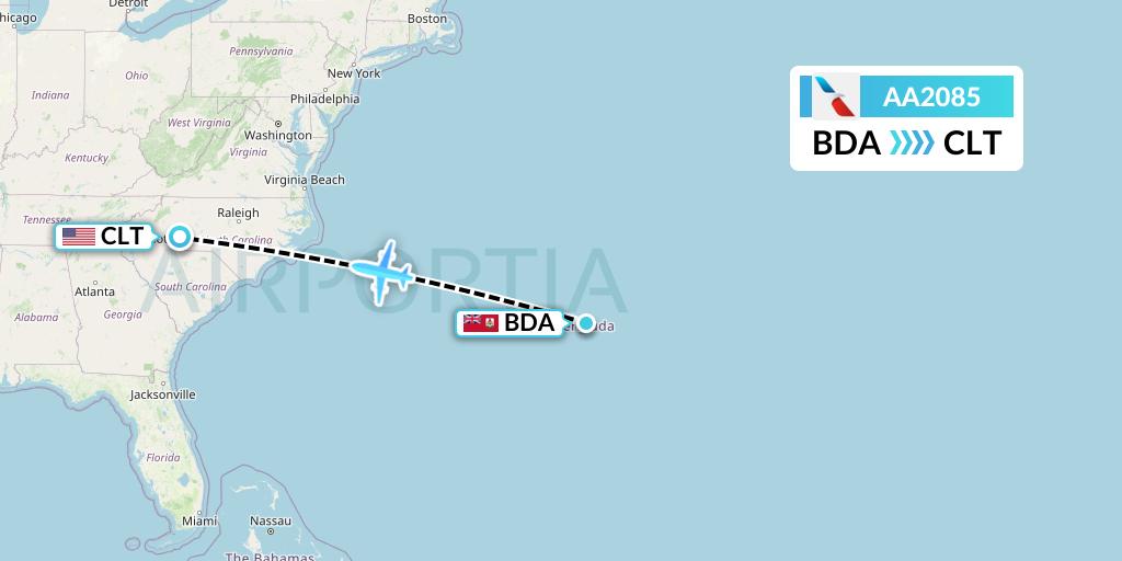 AA2085 American Airlines Flight Map: Bermuda to Charlotte