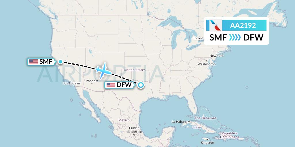 AA2192 American Airlines Flight Map: Sacramento to Dallas