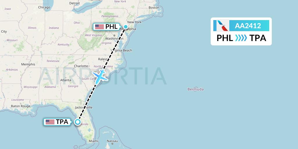 AA2412 American Airlines Flight Map: Philadelphia to Tampa