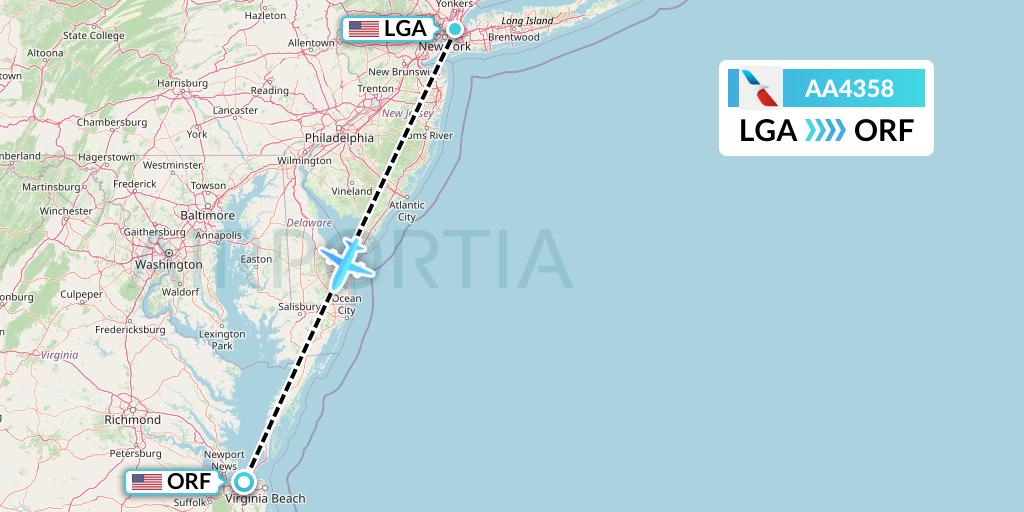 AA4358 American Airlines Flight Map: New York to Norfolk