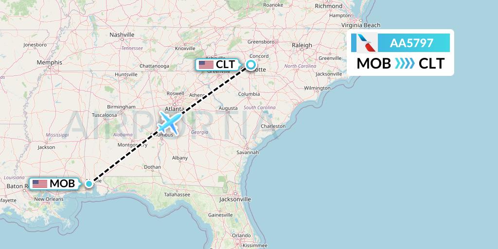 AA5797 American Airlines Flight Map: Mobile to Charlotte