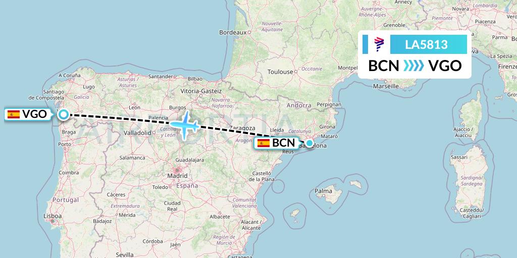 LA5813 LAN Airlines Flight Map: Barcelona to Vigo
