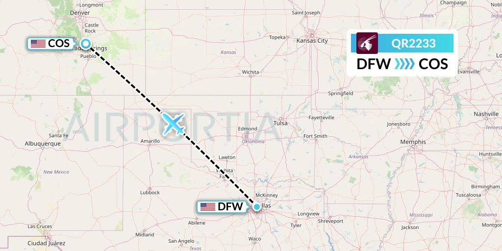 QR2233 Qatar Airways Flight Map: Dallas to Colorado Springs
