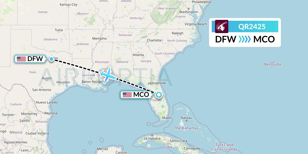 QR2425 Qatar Airways Flight Map: Dallas to Orlando